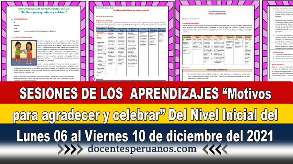 SESIONES DE LOS APRENDIZAJES “Motivos para agradecer y celebrar” Del Nivel Inicial del Lunes 06 al Viernes 10 de diciembre del 2021