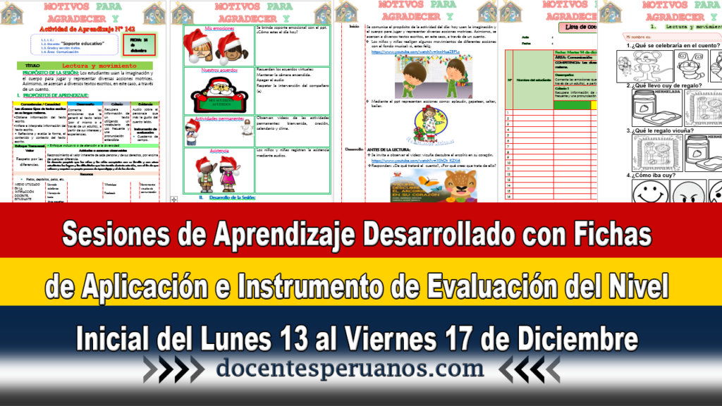 Sesiones de Aprendizaje Desarrollado con Fichas de Aplicación e Instrumento de Evaluación del Nivel Inicial del Lunes 13 al Viernes 17 de Diciembre