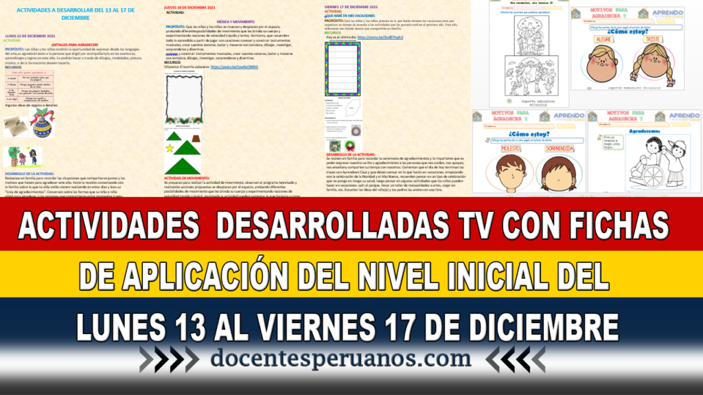 ACTIVIDADES DESARROLLADAS TV CON FICHAS DE APLICACIÓN DEL NIVEL INICIAL DEL LUNES 13 AL VIERNES 17 DE DICIEMBRE