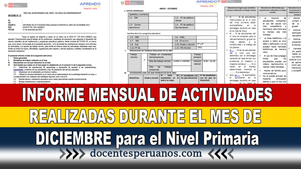 INFORME MENSUAL DE ACTIVIDADES REALIZADAS DURANTE EL MES DE DICIEMBRE para el Nivel Primaria