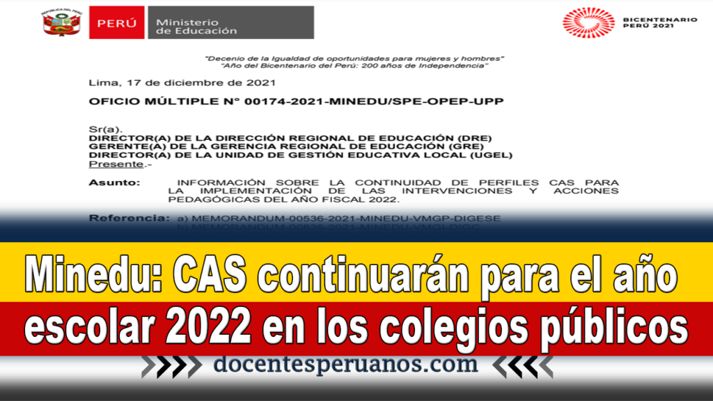 Minedu: CAS continuarán para el año escolar 2022 en los colegios públicos