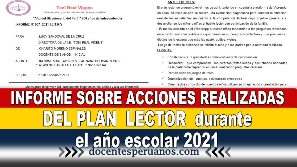 INFORME SOBRE ACCIONES REALIZADAS DEL PLAN  LECTOR durante el año escolar 2021