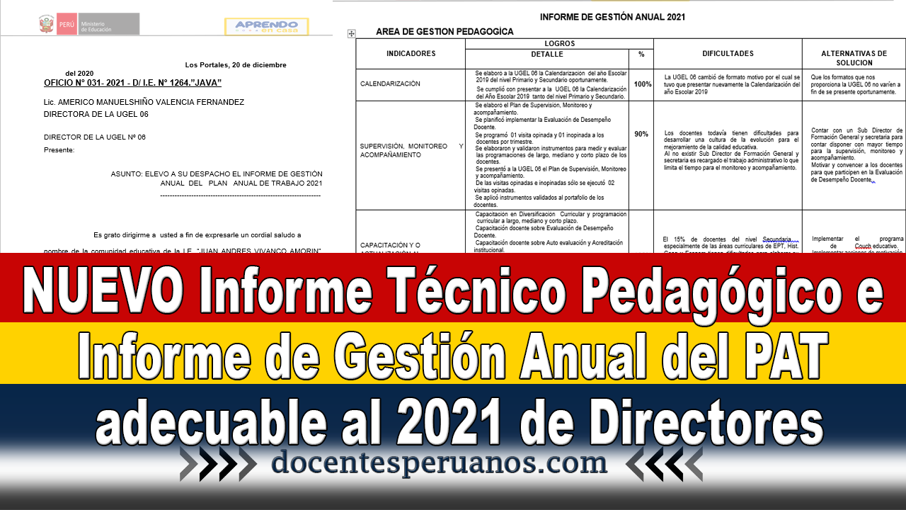 ▷ NUEVO Informe Técnico Pedagógico e Informe de Gestión Anual del PAT  adecuable al 2021 de Directores ✓