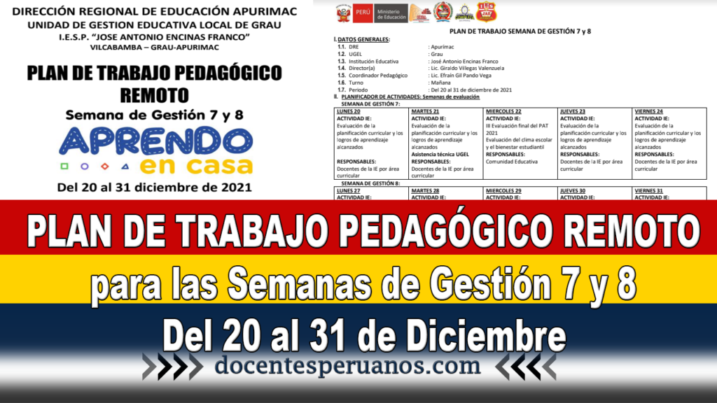 PLAN DE TRABAJO PEDAGÓGICO REMOTO para las Semanas de Gestión 7 y 8 – Del 20 al 31 de Diciembre