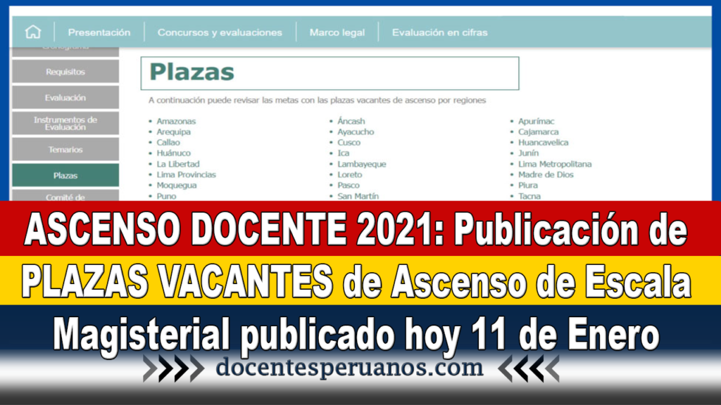 ASCENSO DOCENTE 2021: Publicación de PLAZAS VACANTES de Ascenso de Escala Magisterial publicado hoy 11 de Enero