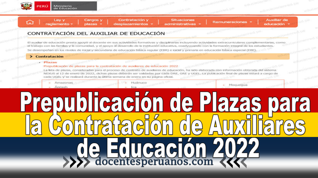 Prepublicación de Plazas para la Contratación de Auxiliares de Educación 2022