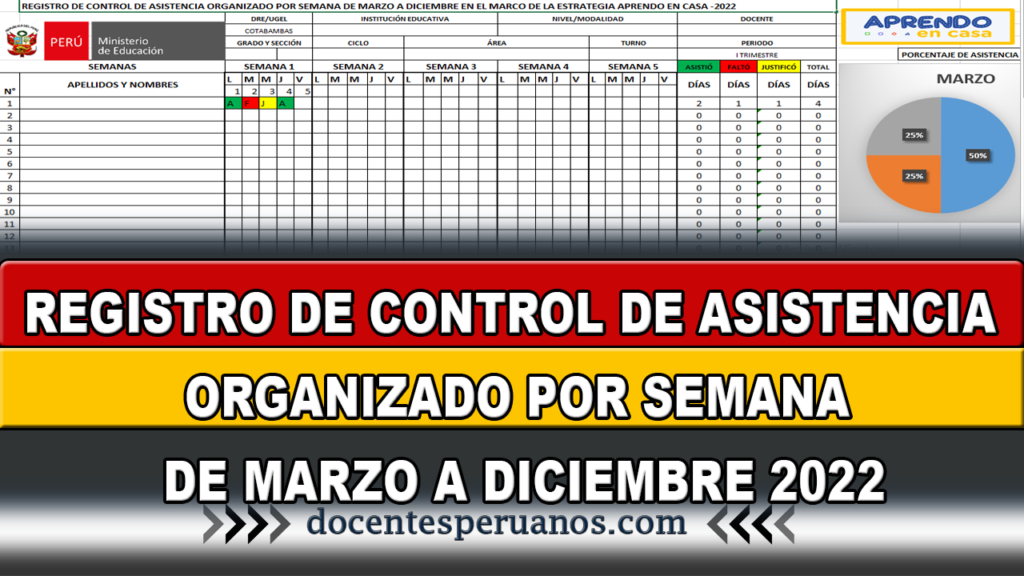 REGISTRO DE CONTROL DE ASISTENCIA ORGANIZADO POR SEMANA DE MARZO A DICIEMBRE 2022