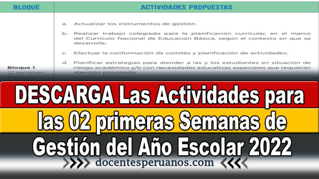 DESCARGA Las Actividades para las 02 primeras Semanas de Gestión del Año Escolar 2022