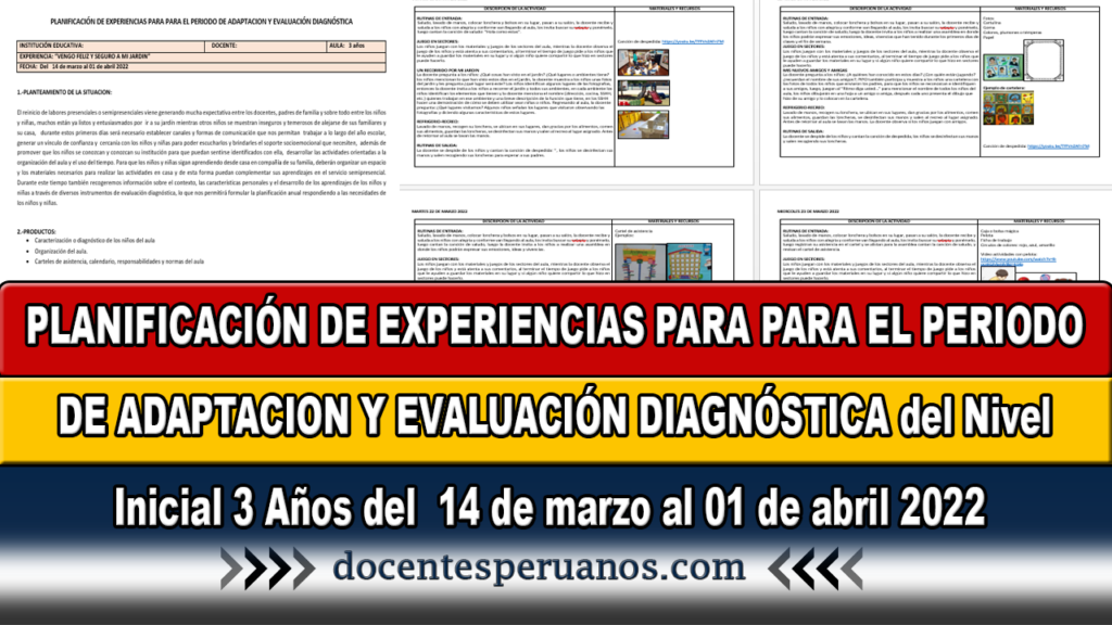 PLANIFICACIÓN DE EXPERIENCIAS PARA PARA EL PERIODO DE ADAPTACION Y EVALUACIÓN DIAGNÓSTICA del Nivel Inicial 3 Años del  14 de marzo al 01 de abril 2022  