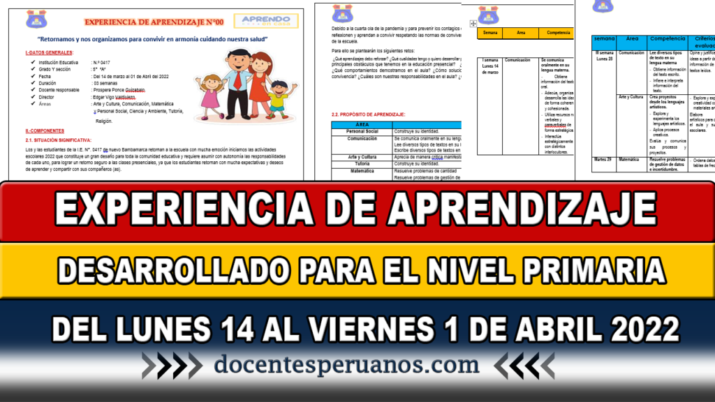 EXPERIENCIA DE APRENDIZAJE DESARROLLADO PARA EL NIVEL PRIMARIA DEL LUNES 14 AL VIERNES 1 DE ABRIL 2022