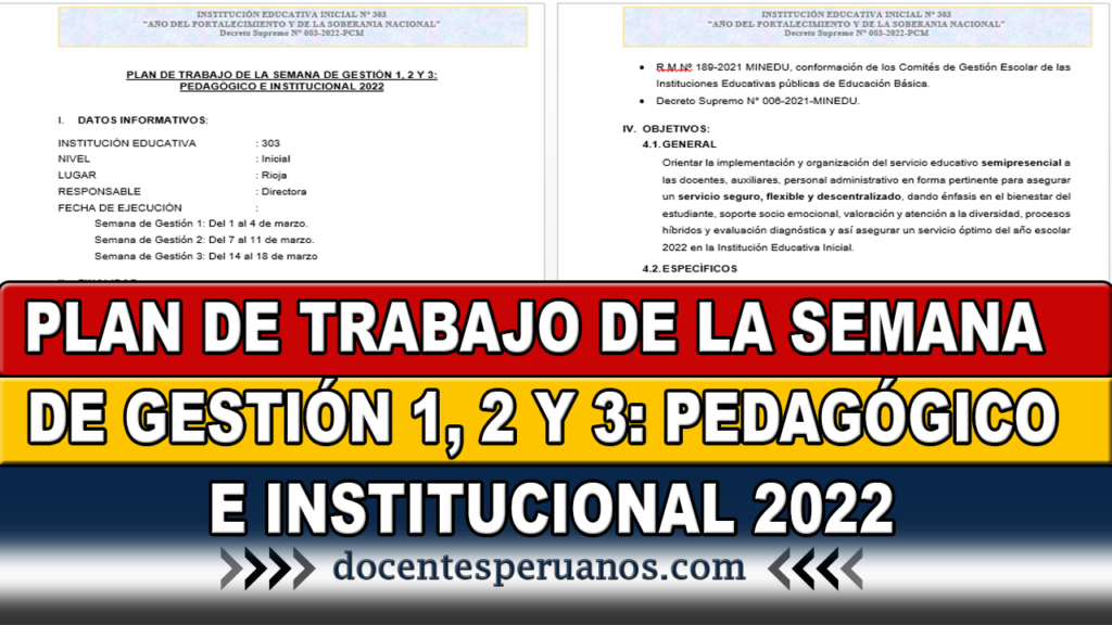 PLAN DE TRABAJO DE LA SEMANA DE GESTIÓN 1, 2 Y 3: PEDAGÓGICO E INSTITUCIONAL 2022