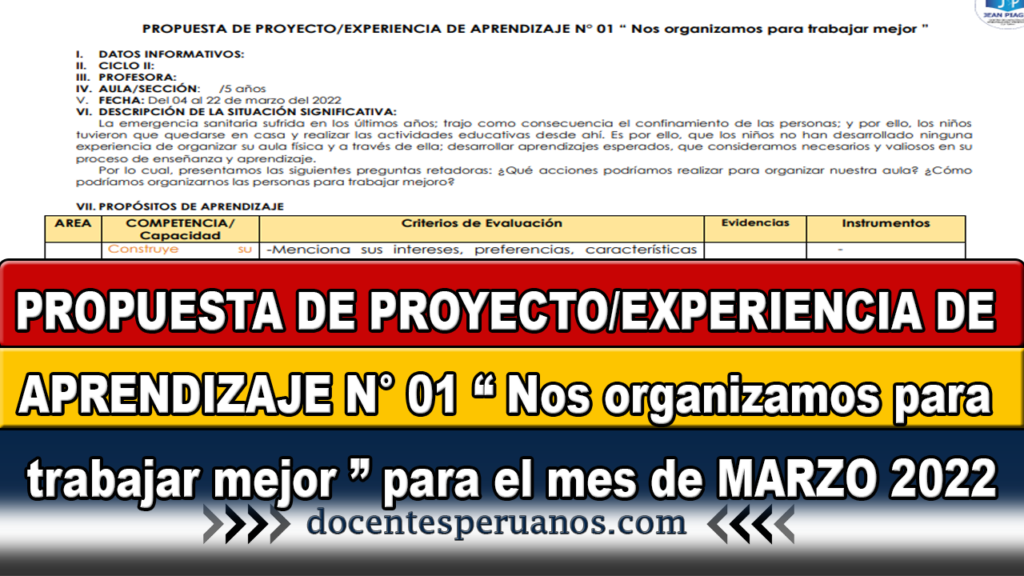 PROPUESTA DE PROYECTO/EXPERIENCIA DE APRENDIZAJE N° 01 “ Nos organizamos para trabajar mejor ” para el mes de MARZO 2022