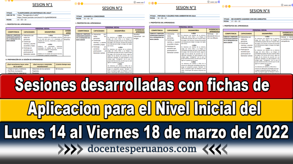 Sesiones desarrolladas con fichas de Aplicacion para el Nivel Inicial del Lunes 14 al Viernes 18 de marzo del 2022