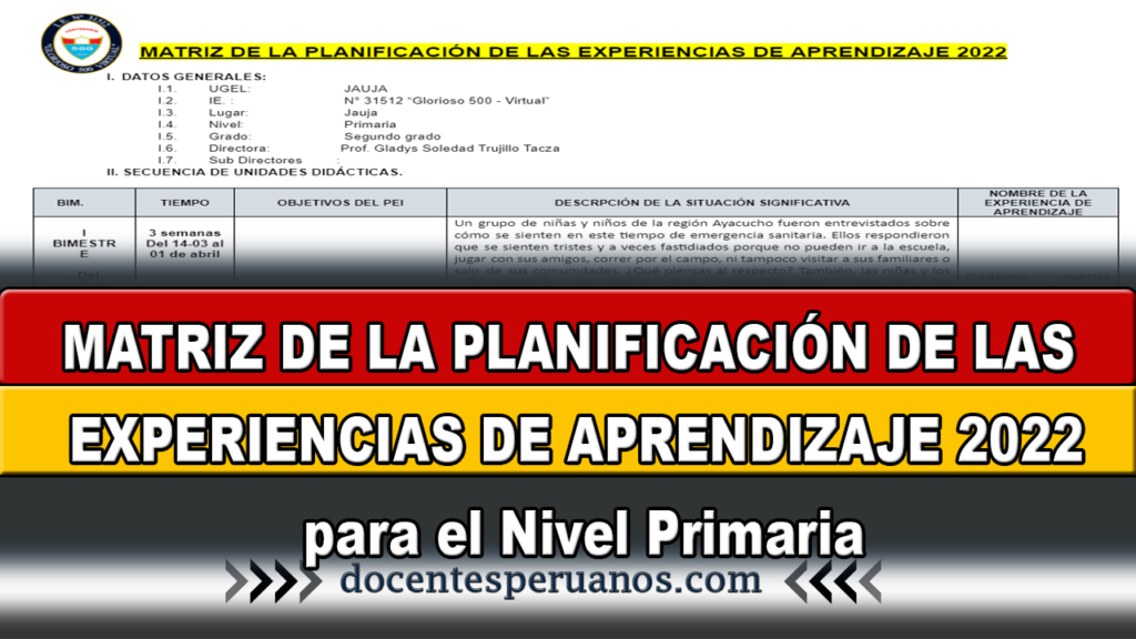 MATRIZ DE LA PLANIFICACIÓN DE LAS EXPERIENCIAS DE APRENDIZAJE 2022 para el Nivel Primaria