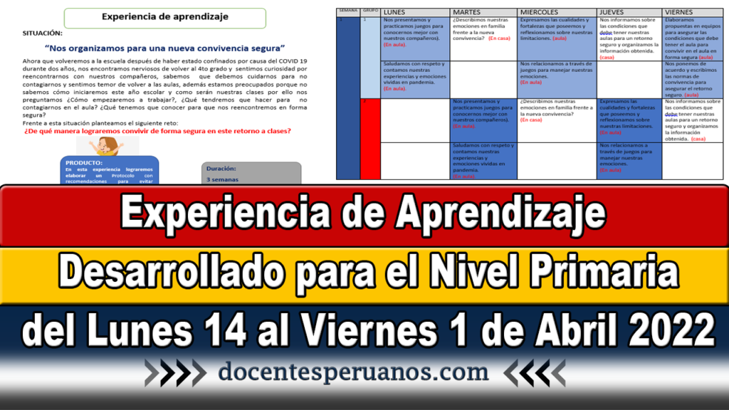 Experiencia de Aprendizaje Desarrollado para el Nivel Primaria del Lunes 14 al Viernes 1 de Abril 2022