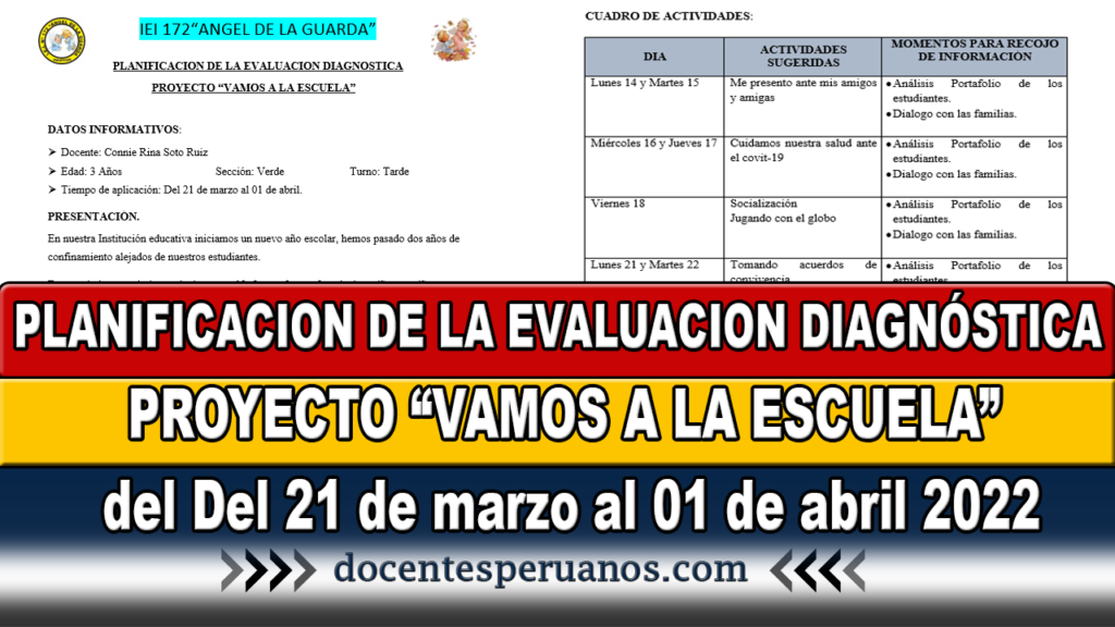 PLANIFICACION DE LA EVALUACION DIAGNÓSTICA PROYECTO “VAMOS A LA ESCUELA” del Del 21 de marzo al 01 de abril 2022