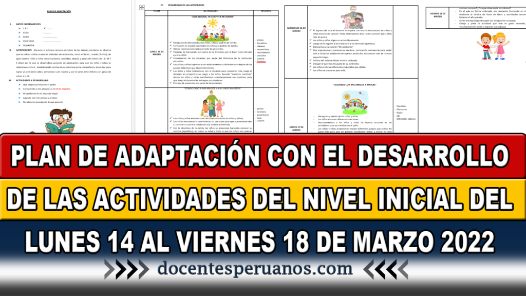 PLAN DE ADAPTACIÓN CON EL DESARROLLO DE LAS ACTIVIDADES DEL NIVEL INICIAL DEL LUNES 14 AL VIERNES 18 DE MARZO 2022