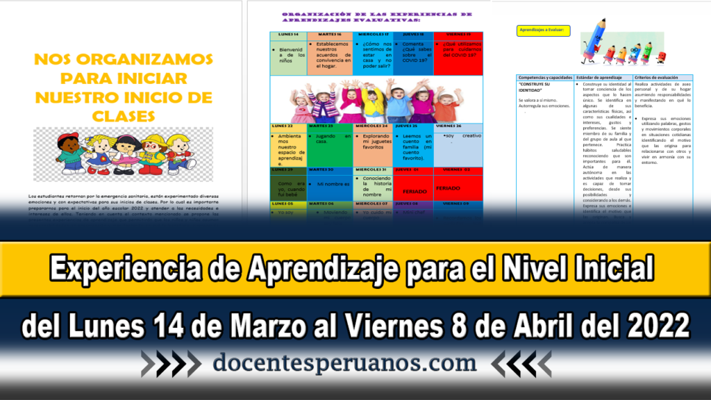 Experiencia de Aprendizaje para el Nivel Inicial del Lunes 14 de Marzo al Viernes 8 de Abril del 2022