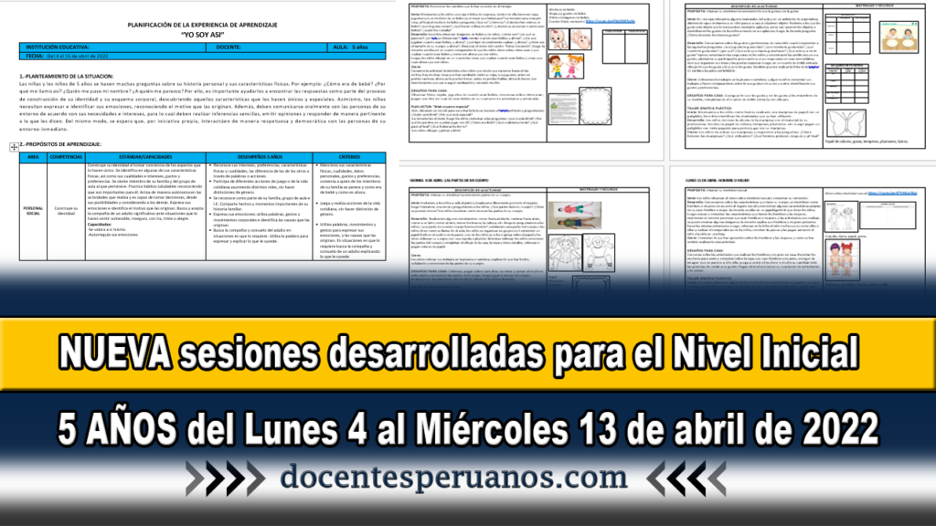 NUEVA sesiones desarrolladas para el Nivel Inicial 5 AÑOS del Lunes 4 al Miércoles 13 de abril de 2022