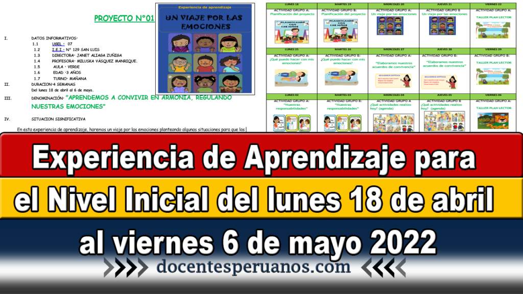 Experiencia de Aprendizaje para el Nivel Inicial del lunes 18 de abril al viernes 6 de mayo 2022