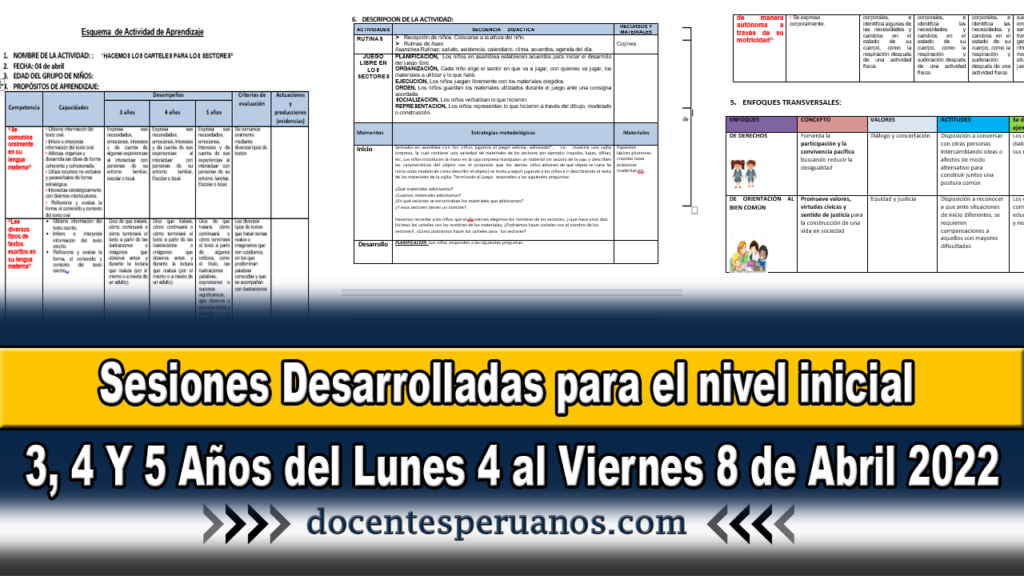 Sesiones Desarrolladas para el nivel inicial 3, 4 Y 5 Años del Lunes 4 al Viernes 8 de Abril 2022