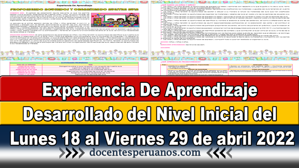 Experiencia De Aprendizaje Desarrollado del Nivel Inicial del Lunes 18 al Viernes 29 de abril 2022