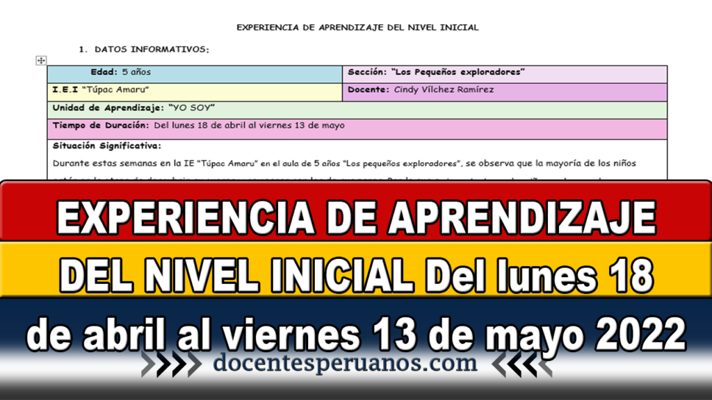 EXPERIENCIA DE APRENDIZAJE DEL NIVEL INICIAL Del lunes 18 de abril al viernes 13 de mayo 2022