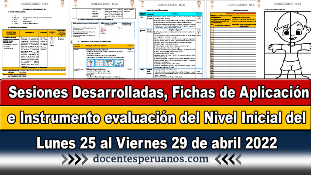 Sesiones Desarrolladas, Fichas de Aplicación e Instrumento evaluación del Nivel Inicial del Lunes 25 al Viernes 29 de abril 2022