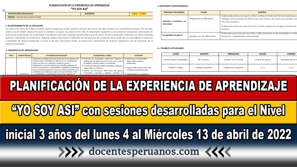 PLANIFICACIÓN DE LA EXPERIENCIA DE APRENDIZAJE “YO SOY ASI” con sesiones desarrolladas para el Nivel inicial 3 años del lunes 4 al Miércoles 13 de abril de 2022