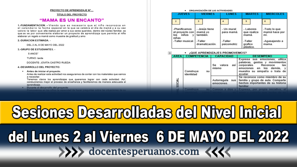 Sesiones Desarrolladas del Nivel Inicial del Lunes 2 al Viernes 6 DE MAYO DEL 2022