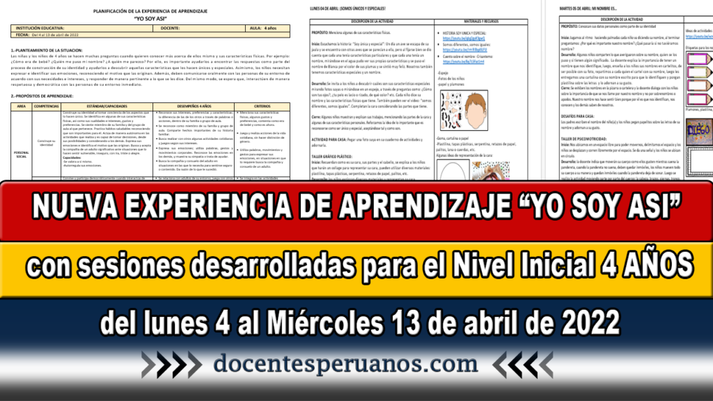 NUEVA EXPERIENCIA DE APRENDIZAJE “YO SOY ASI” con sesiones desarrolladas para el Nivel Inicial 4 AÑOS del lunes 4 al Miércoles 13 de abril de 2022