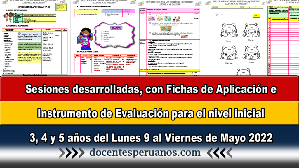 Sesiones desarrolladas, con Fichas de Aplicación e Instrumento de Evaluación para el nivel inicial 3, 4 y 5 años del Lunes 9 al Viernes de Mayo 2022