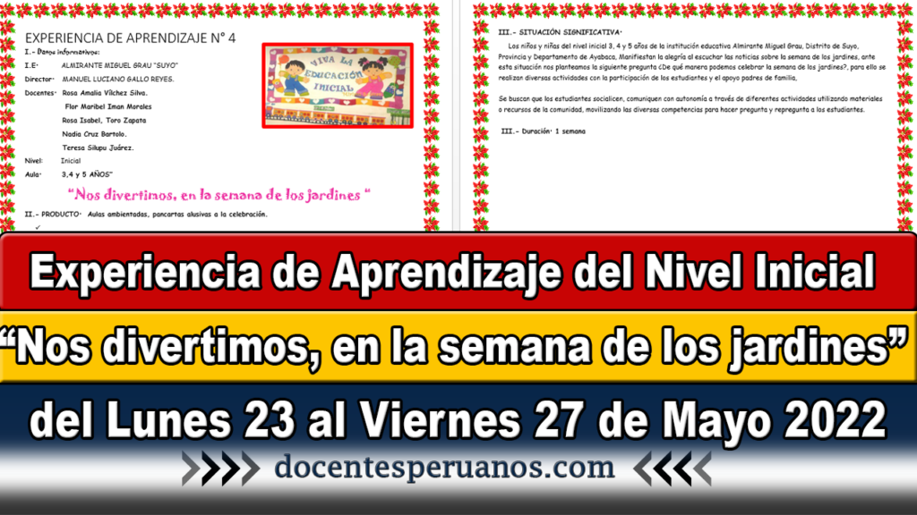 Experiencia de Aprendizaje del Nivel Inicial “Nos divertimos, en la semana de los jardines” del Lunes 23 al Viernes 27 de Mayo 2022