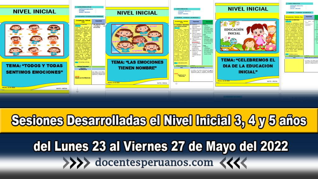 Sesiones Desarrolladas el Nivel Inicial 3, 4 y 5 años del Lunes 23 al Viernes 27 de Mayo del 2022