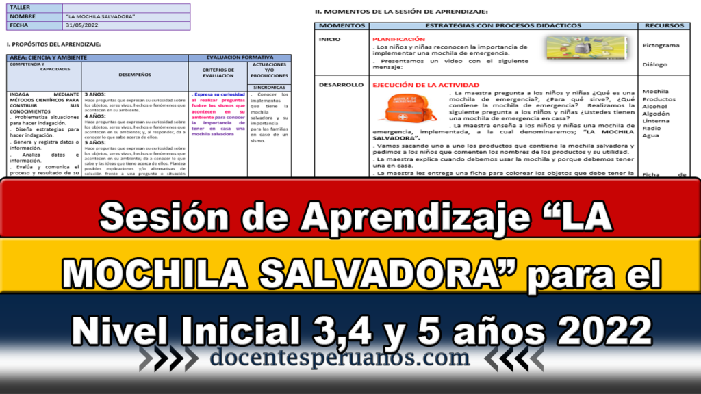 Sesión de Aprendizaje “LA MOCHILA SALVADORA” para el Nivel Inicial 3,4 y 5 años 2022