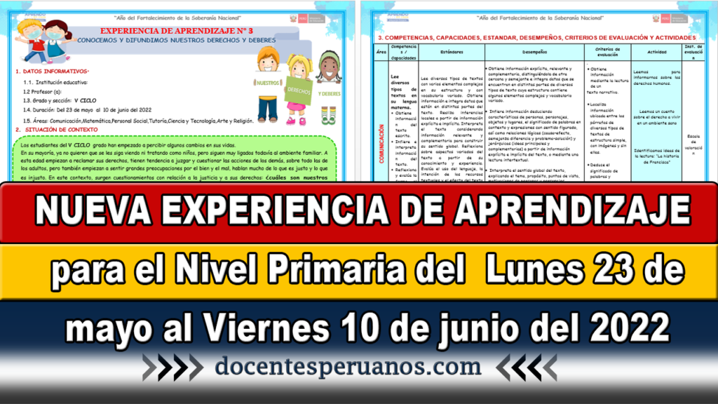 NUEVA EXPERIENCIA DE APRENDIZAJE para el Nivel Primaria del Lunes 23 de mayo al Viernes 10 de junio del 2022