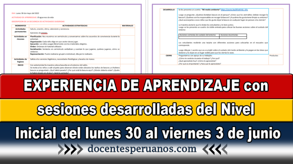 EXPERIENCIA DE APRENDIZAJE con sesiones desarrolladas del Nivel Inicial del lunes 30 al viernes 3 de junio