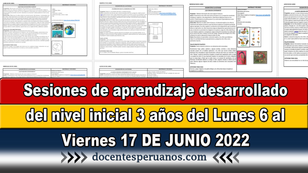 Sesiones de aprendizaje desarrollado del nivel inicial 3 años del Lunes 6 al Viernes 17 DE JUNIO 2022