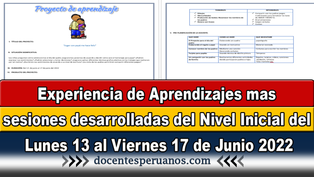 Experiencia de Aprendizajes mas sesiones desarrolladas del Nivel Inicial del Lunes 13 al Viernes 17 de Junio 2022