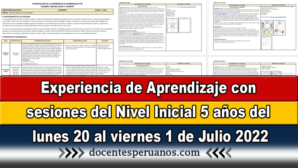 Experiencia de Aprendizaje con sesiones del Nivel Inicial 5 años del lunes 20 al viernes 1 de Julio 2022