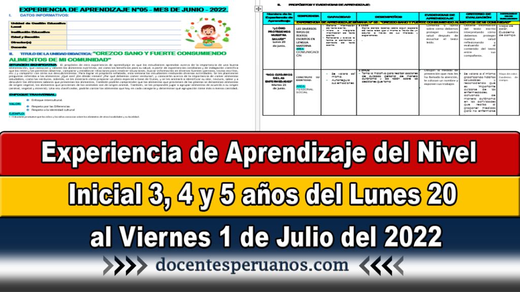 Experiencia de Aprendizaje del Nivel Inicial 3, 4 y 5 años del Lunes 20 al Viernes 1 de Julio del 2022