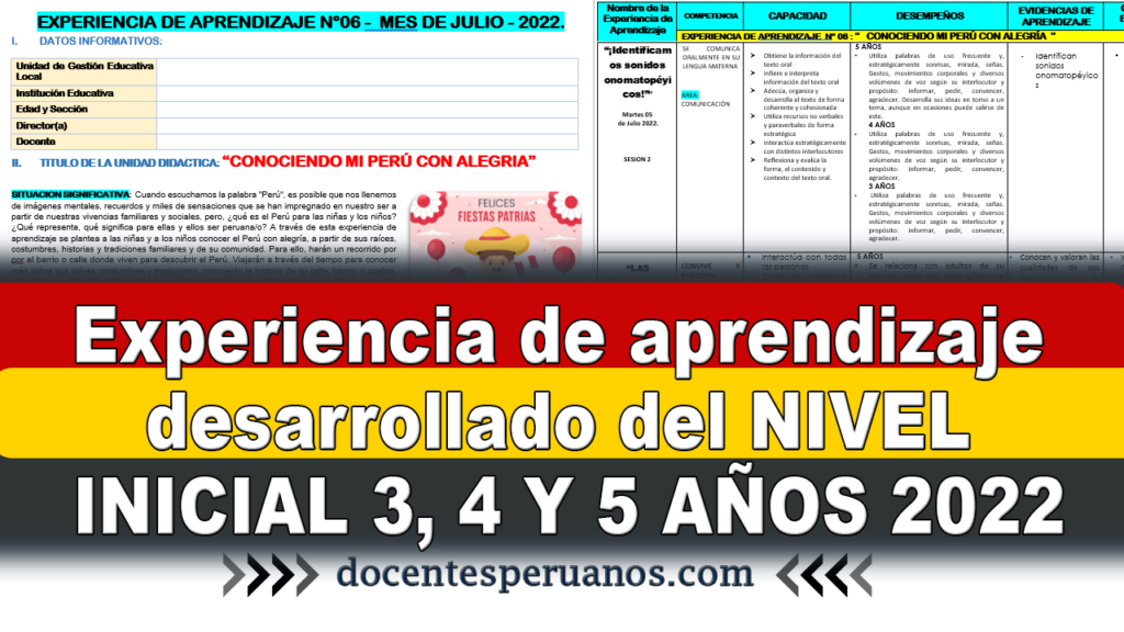 Experiencia de aprendizaje desarrollado del NIVEL INICIAL 3, 4 Y 5 AÑOS 2022