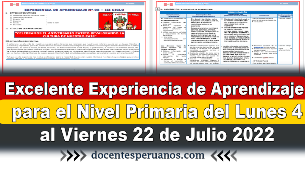 Excelente Experiencia de Aprendizaje para el Nivel Primaria del Lunes 4 al Viernes 22 de Julio 2022