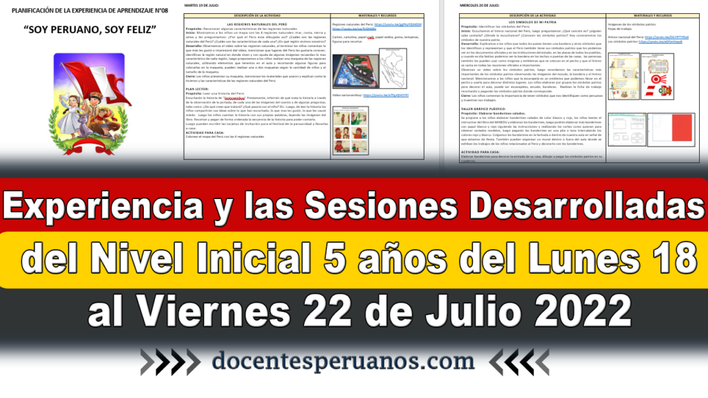 Experiencia y las Sesiones Desarrolladas del Nivel Inicial 5 años del Lunes 18 al Viernes 22 de Julio 2022