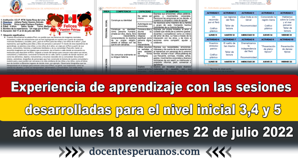 Experiencia de aprendizaje con las sesiones desarrolladas para el nivel inicial 3,4 y 5 años del lunes 18 al viernes 22 de julio 2022