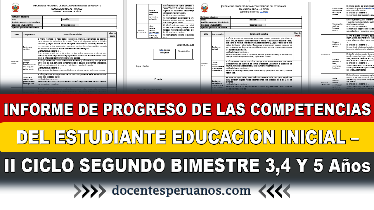 ▷ INFORME DE PROGRESO DE LAS COMPETENCIAS DEL ESTUDIANTE EDUCACION INICIAL  – II CICLO SEGUNDO BIMESTRE 3,4 Y 5 Años ✓