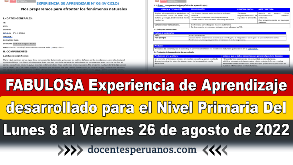 FABULOSA Experiencia de Aprendizaje desarrollado para el Nivel Primaria Del Lunes 8 al Viernes 26 de agosto de 2022