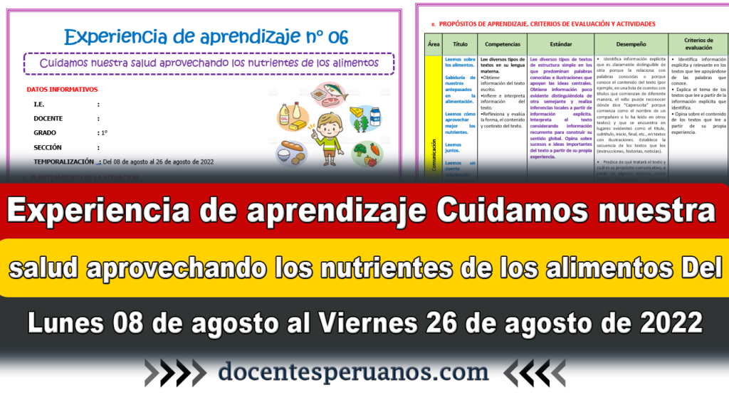 Experiencia de aprendizaje Cuidamos nuestra salud aprovechando los nutrientes de los alimentos Del Lunes 08 de agosto al Viernes 26 de agosto de 2022