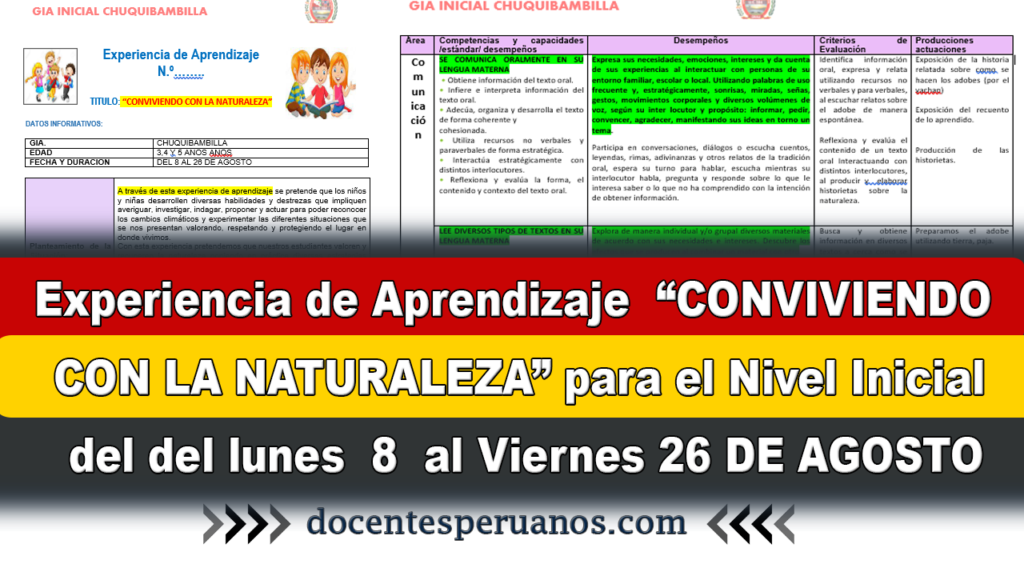 Experiencia de Aprendizaje “CONVIVIENDO CON LA NATURALEZA” para el Nivel Inicial del del lunes 8 al Viernes 26 DE AGOSTO