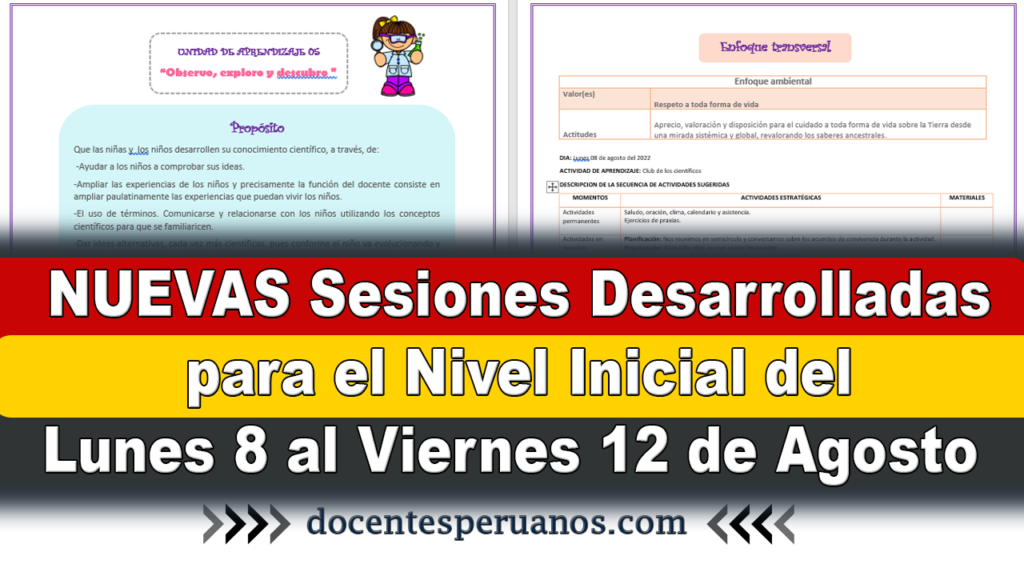 NUEVAS Sesiones Desarrolladas para el Nivel Inicial del Lunes 8 al Viernes 12 de Agosto